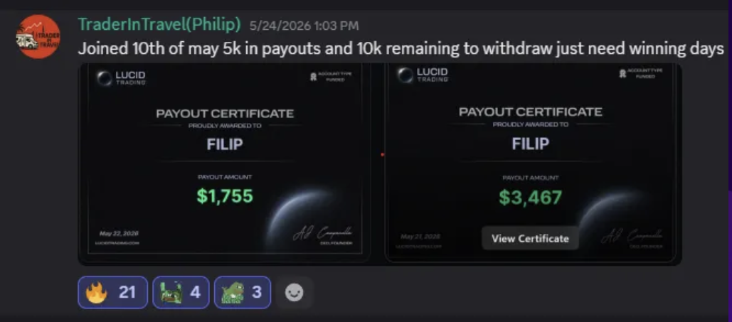 TraderInTravel (Philip): $1,755 and $3,467 Lucid Trading payout certificates