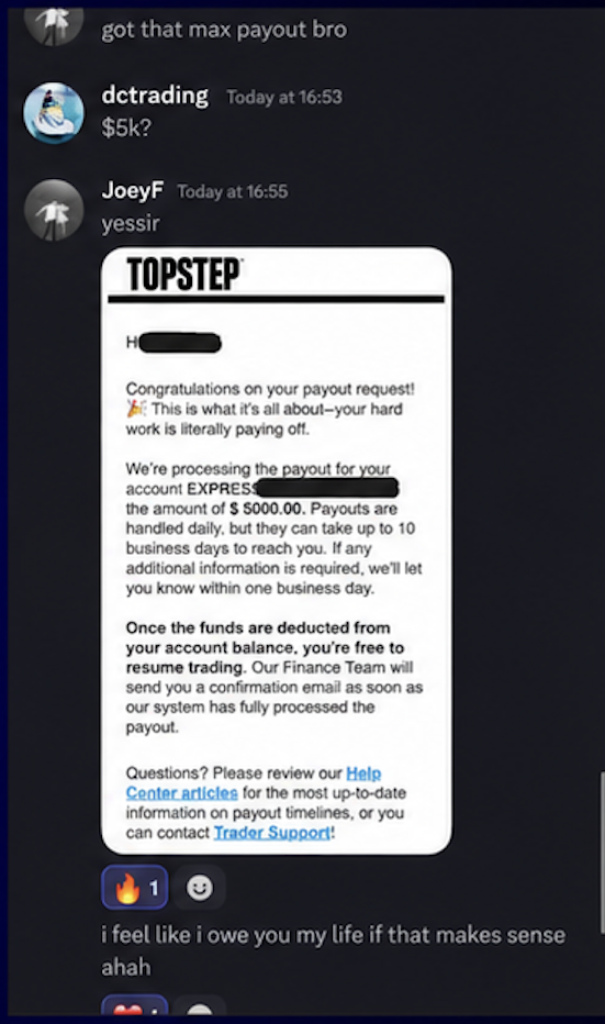 JoeyF: got that max payout bro — Topstep $5,000 payout