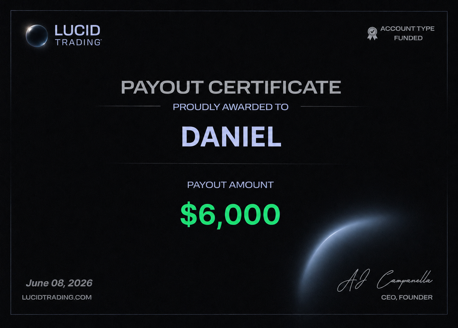 Lucid Trading $6,000 payout certificate awarded to Daniel