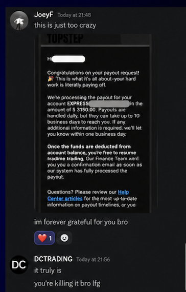 JoeyF: Topstep $3,150 payout — im forever grateful for you bro