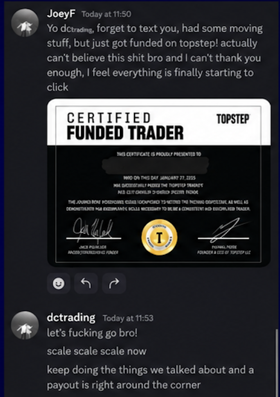 JoeyF: just got funded on Topstep — Certified Funded Trader certificate