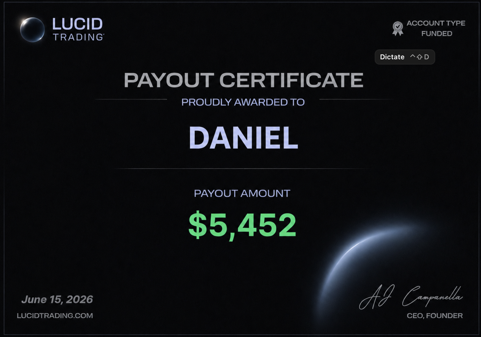 Lucid Trading $5,452 payout certificate awarded to Daniel